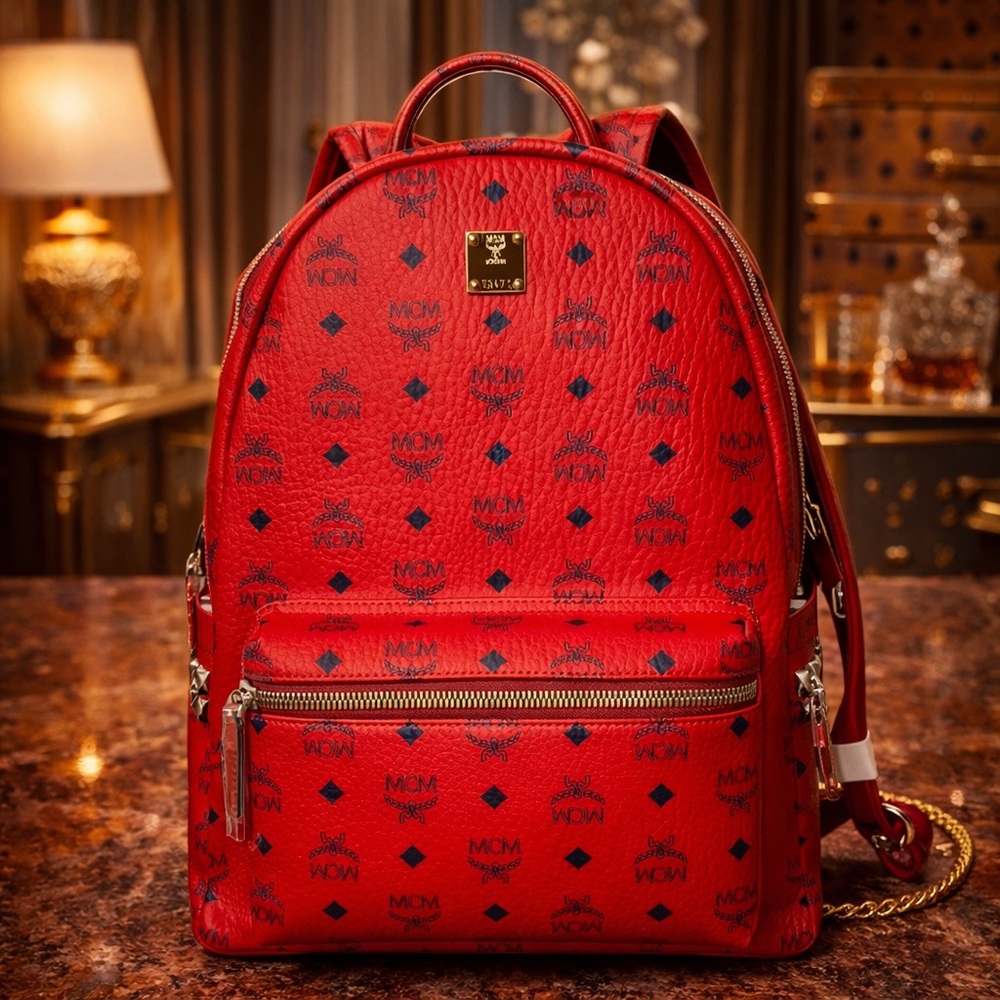 MCM Stark Side Studded Red Visatos Monogram Backpack with Leather Trim - Picture 1 of 16